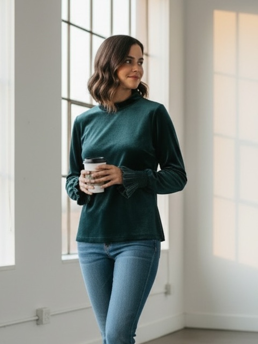 Molly Bracken Long Sleeve VelvetTop Teal Blue Velour High Neck Shirt Medium